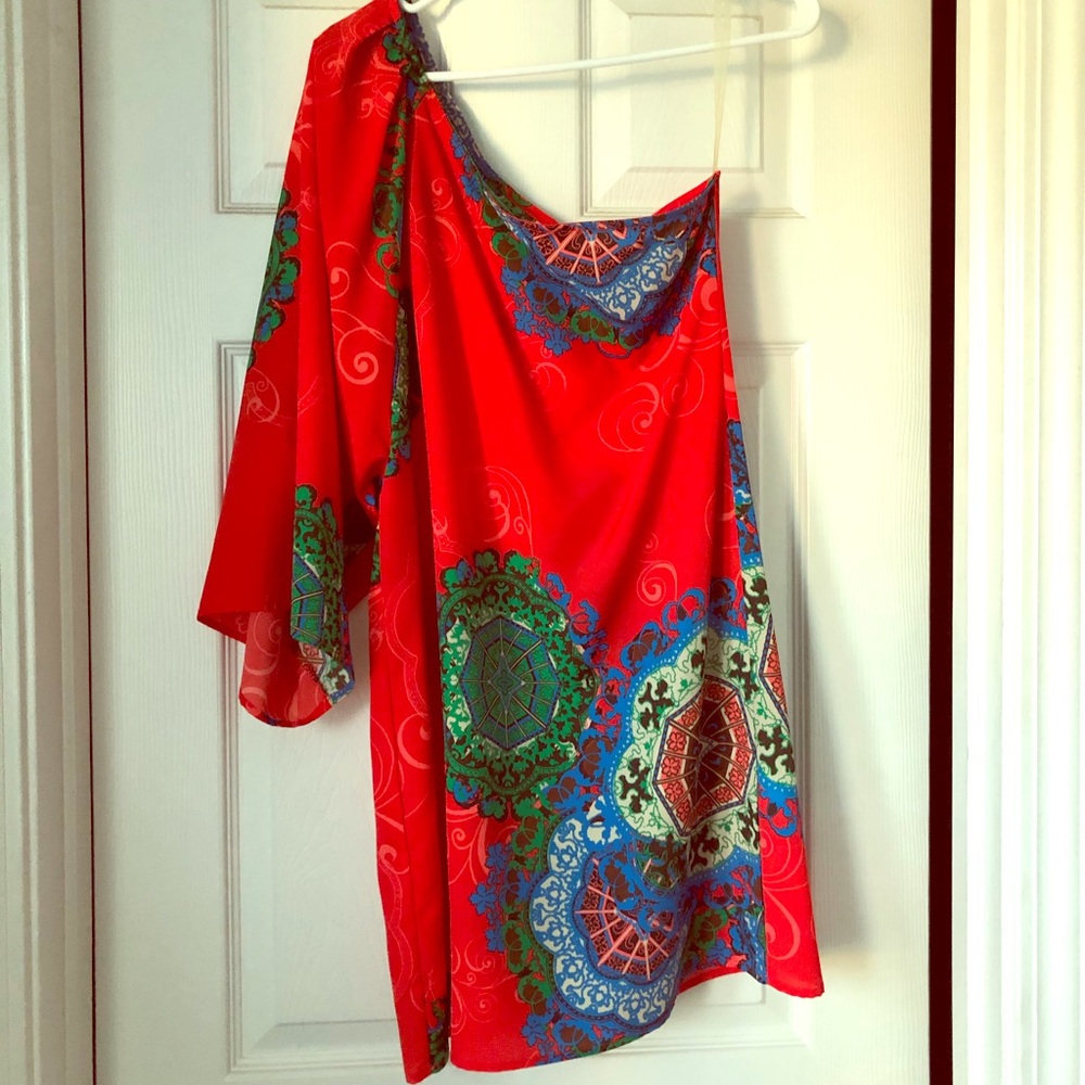 Red paisley one shoulder dress